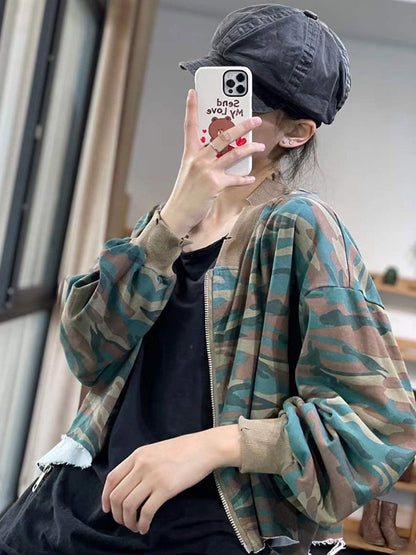 Casual Zipper V-Neck Camouflage Printed Long Sleeves Outerwear