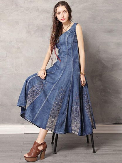 2019 Summer New Vintage Embroidery Denim Dress