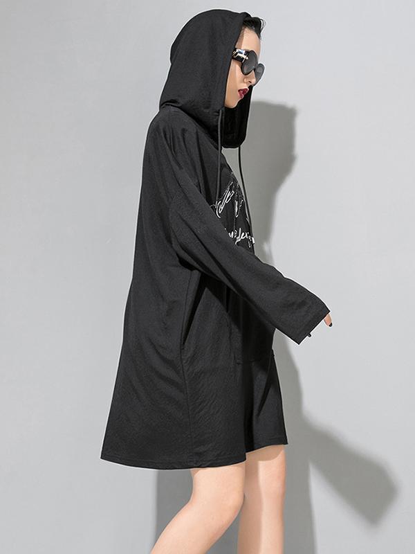 Loose Printed Black Hoodie