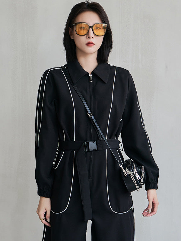 Cool Street Loose High-Waist Zipper Reflective Stripe Lapel Collar Long Sleeves Wide Leg Jumpsuits