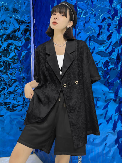 Solid Color Elastic Wide Leg Trousers+Notched Collar Short Sleeves Blazers 2 Pieces Set