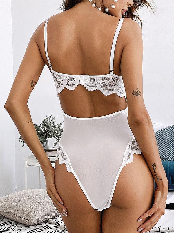 Lace Split-Joint Hollow One-Piece Bodysuit Lingerie
