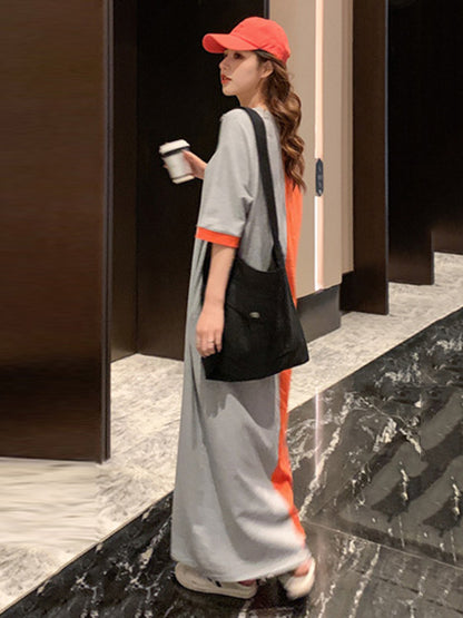 Casual Color Matching Round-Neck Long Sleeves Maxi Dress