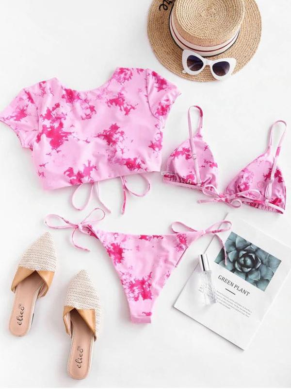 Tie-Dyed Short Sleeve & Triangle Three-Piece Split Bikini Swimsuit