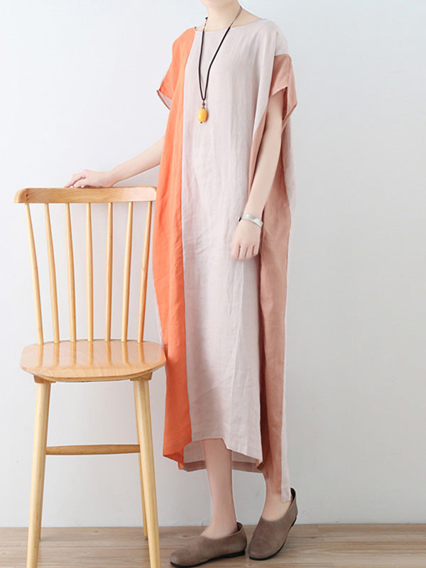 Original Linen Split-Joint Contrast Color Round-Neck Batwing Sleeve Midi Dress