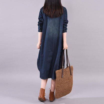 Buykud Cute Embroidered Umbrella Casual Denim Dress