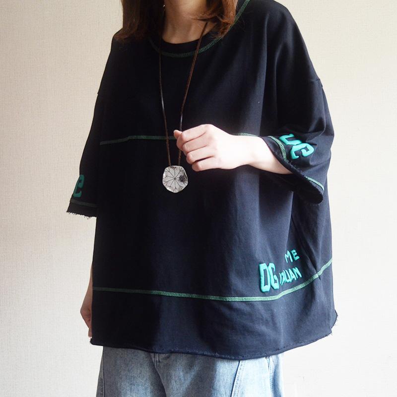 Cotton Round Neck Spliced Letter Casual Blouse