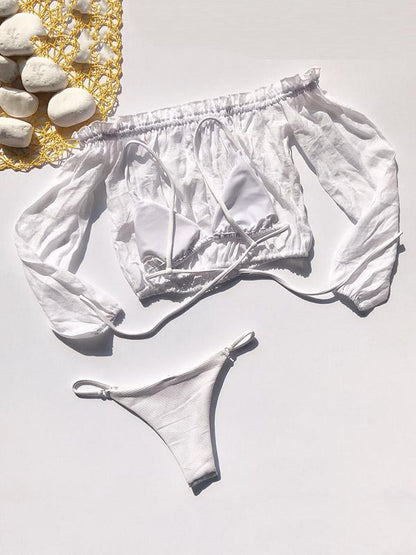 Solid Color Long Sleeves Three Piece Bikini Swimsuit
