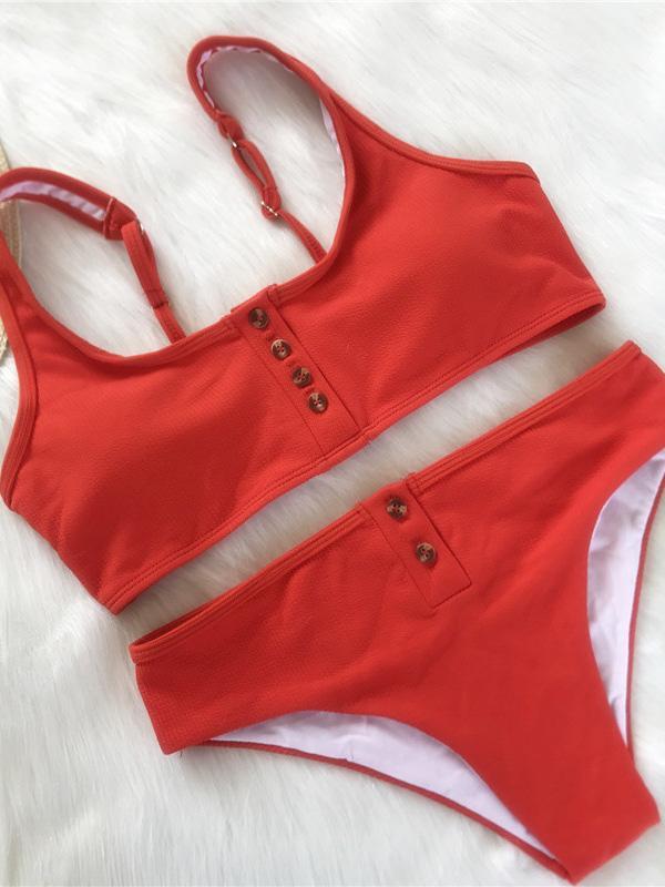 Button Solid Beach Bikinis Swimwear