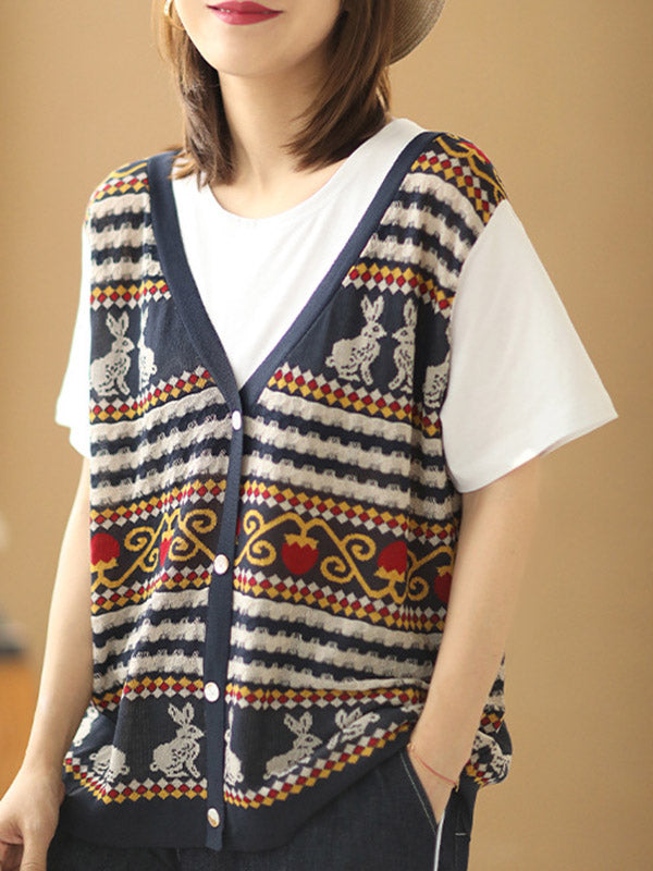 Stylish Split-Joint Printed Round-Neck False Two T-Shirt
