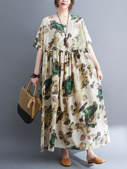 Original Artistic Retro Loose Pleated Floral Printed Midi Dress