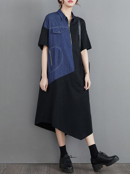 Casual Irregular Split-Joint Half Sleeves Lapel Collar Midi Shirt Dress