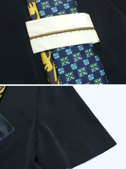 Stylish Buttoned Tie Split-Joint With Pocket Applique Notched Collar Short Sleeves Mini Shirt Dress