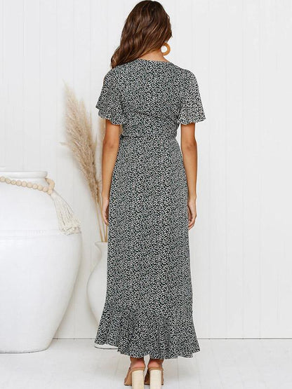 Printed Floral Short Sleeves V-neck Maxi Dress