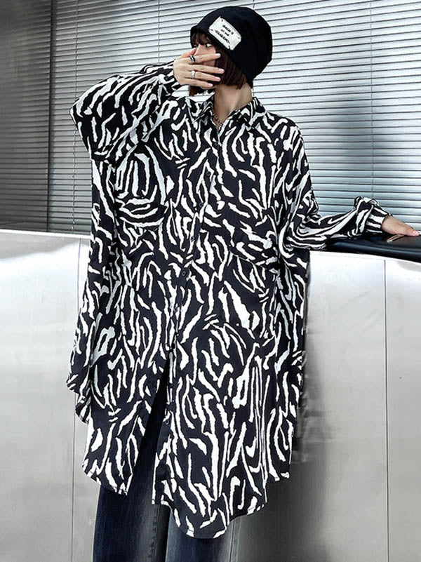 Stylish Printed Buttoned Batwing Sleeve Lapel Blouse Tops