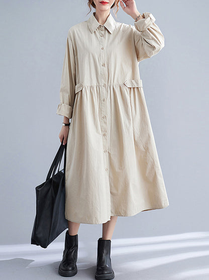 Casual Solid Color Pleated Buttoned Lapel Collar Long Sleeves Midi Shirt Dress