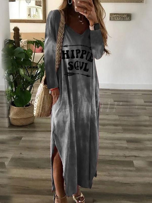 Letter Printed Long Sleeves Split-side Maxi Dress
