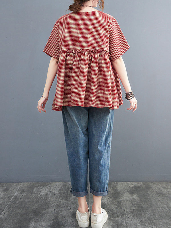 Artistic Retro Loose Plaid Ramie Cotton Falbala T-Shirt Top