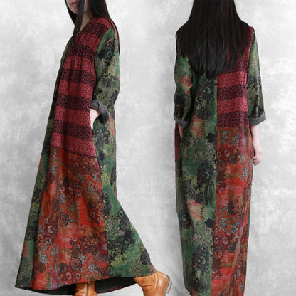 Buykud V-Neck Printed Pleated Retro Loose Dress
