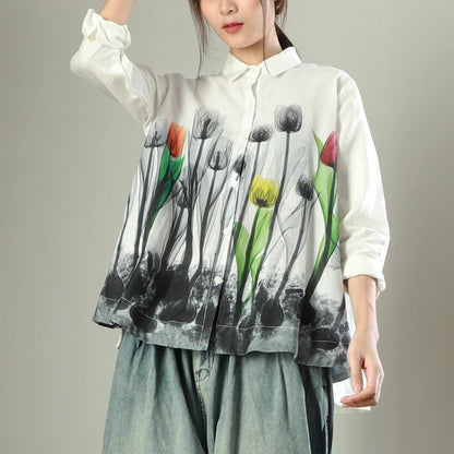 Buykud Elegant Ink Flower Casual Single-breasted Shirt