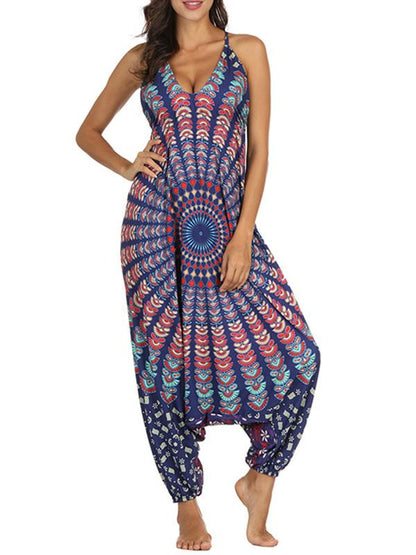 Floral Printed Spagetti-neck Loose Long Jumpsuits