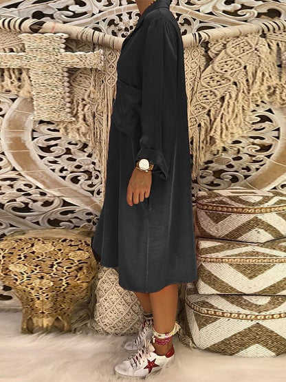 Loose V-neck Pocket Long Sleeves Midi Dress