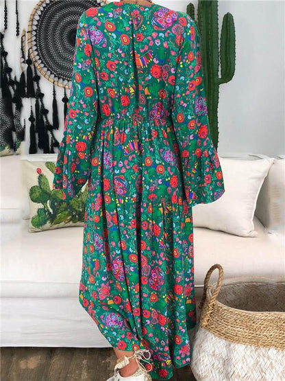 V-neck Floral Printed Long Sleeve Maxi Dress