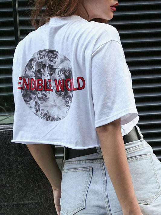 Fashion Printed Loose Exposed Navel T-Shirts Top