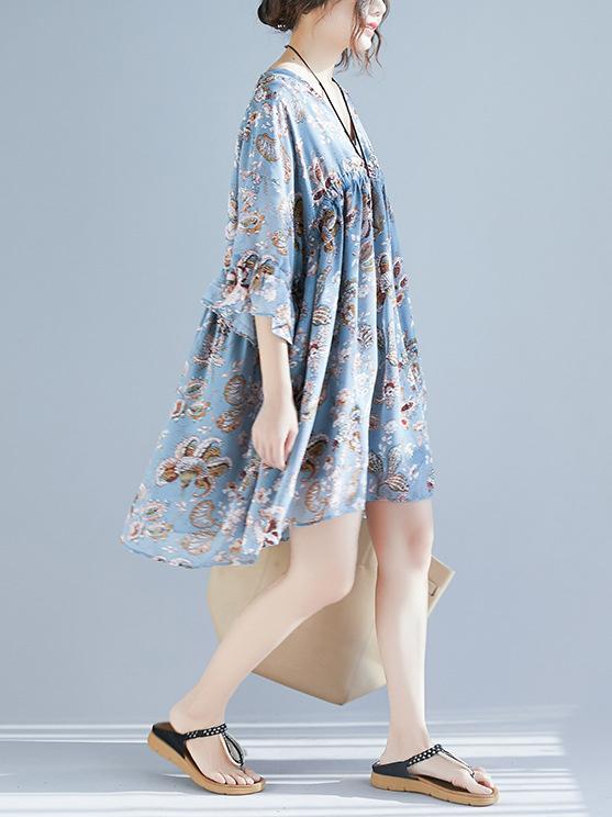 V-neck Fresh Loose Plus Size Floral Mini Dresses