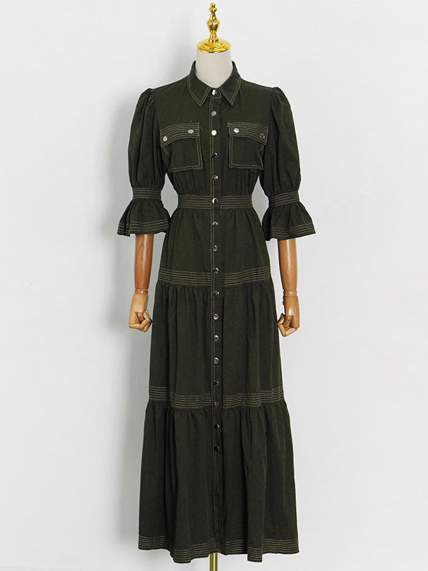 Original Lapel Split-Joint Buttoned Bishop Sleeve Maxi Dress