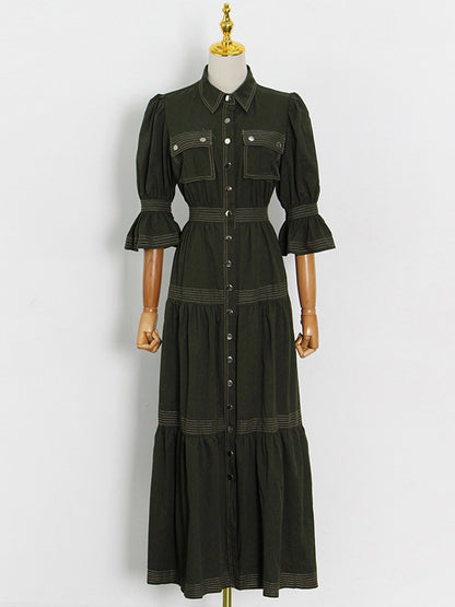 Original Lapel Split-Joint Buttoned Bishop Sleeve Maxi Dress