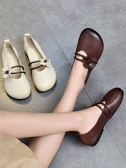 Leisure Fashionflat Flower-Embellished Flat Heel Leather Shoes