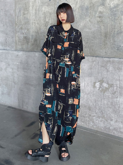 Stylish Printed Belted Split-Side Lapel Short Sleeves Jumpsuits