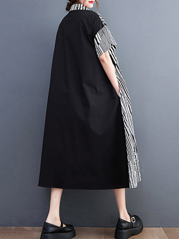 Artistic Retro Loose Striped Contrast Color Midi Shirt Dress