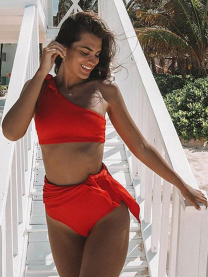 Single Shoulder Plain Bikinis Swimwear