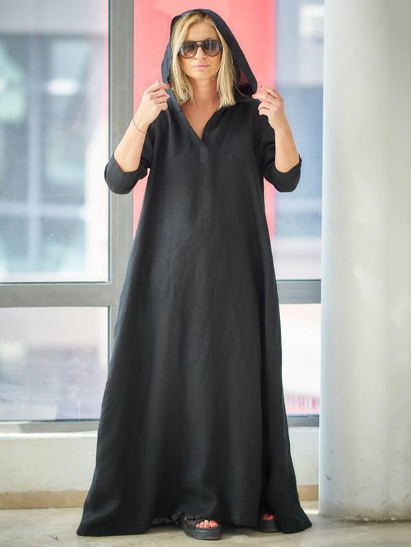 Loose Black Ramie Cotton With Hat Linen Dress