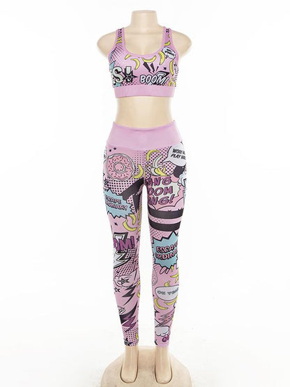 Racerback Cartoon Print Tanks And Leggings Sport Suits