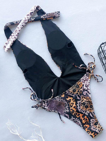 Snakeskin Halter-neck Backless One Piece Swimsuit