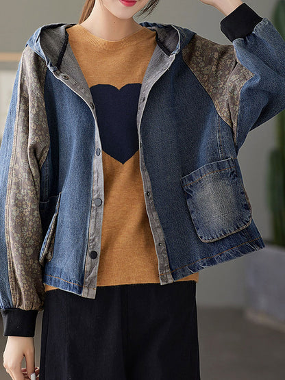 Casual Split-Joint Buttoned Floral Printed Raglan Sleeve Loose Outerwear