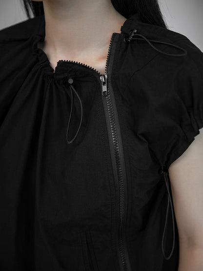 Stylish Black&White Drawstring Pleated Zipper Cap Sleeve Shirts