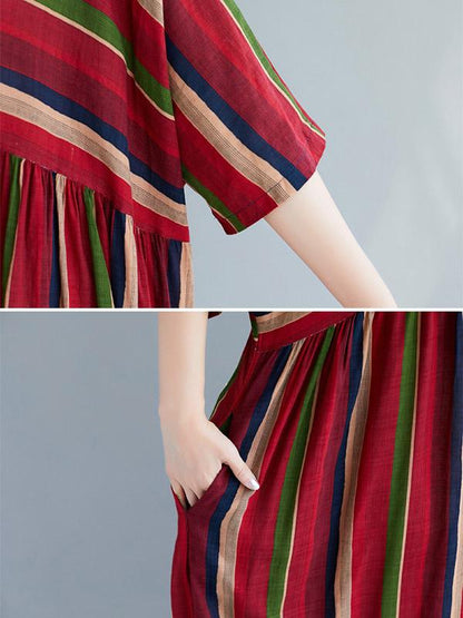 Loose Retro Striped Round-neck Long Dress