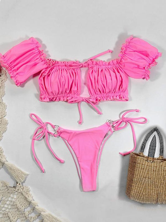 Solid Color Ruffled Short Sleeve Bandage Split Bikini Swimsuit
