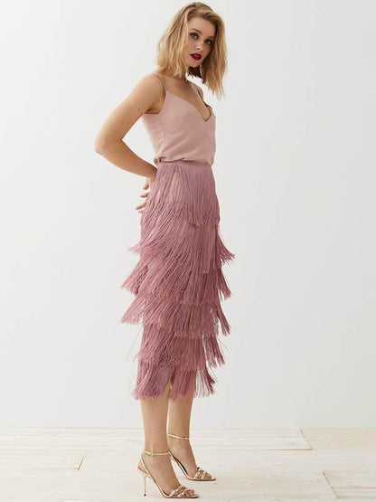 Spaghetti-neck Stacked Tassels Midi Dress