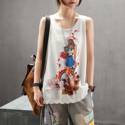 Casual Print Linen Loose Sleeveless Top