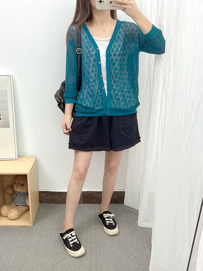 Loose Solid Color Linen Hollow Knitting Cardigan Top