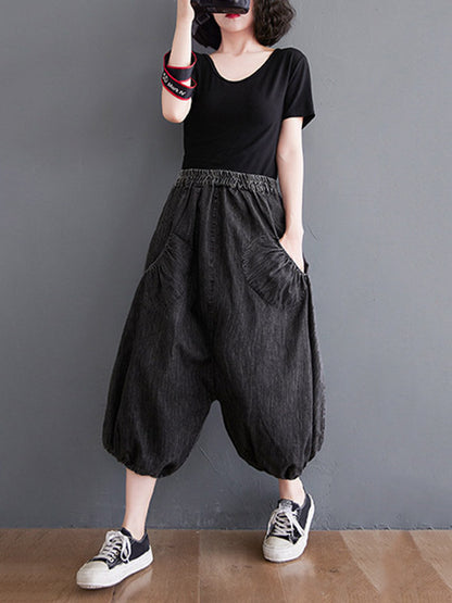 Loose Casual Elasticity High-Waist Wide Legs Jean Pants Knickerbockers