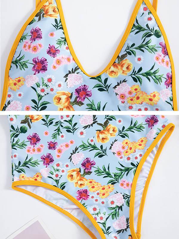V-Neck Hemming Printing One-Piece Swimwear
