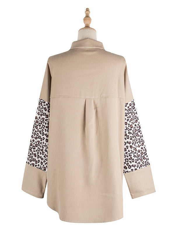 Casual Split-Joint Leopard Buttoned Lapel Collar Long Sleeves Blouse Outwear