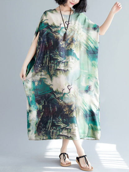 Vintage Loose Printed Batwing Sleeves Round-Neck Midi Dress