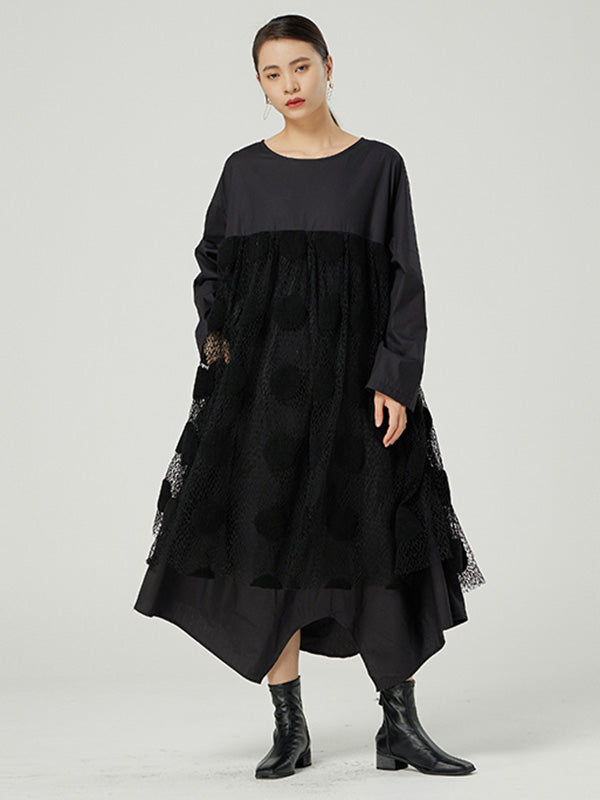 Original Split-Joint Round-Neck Long Sleeves Lace Midi Dress